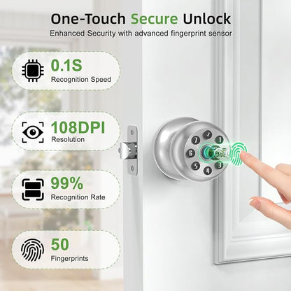 Fingerprint Door Knob, Smart Biometric Lock, Satin Nickel | Code & App Control - Image 3