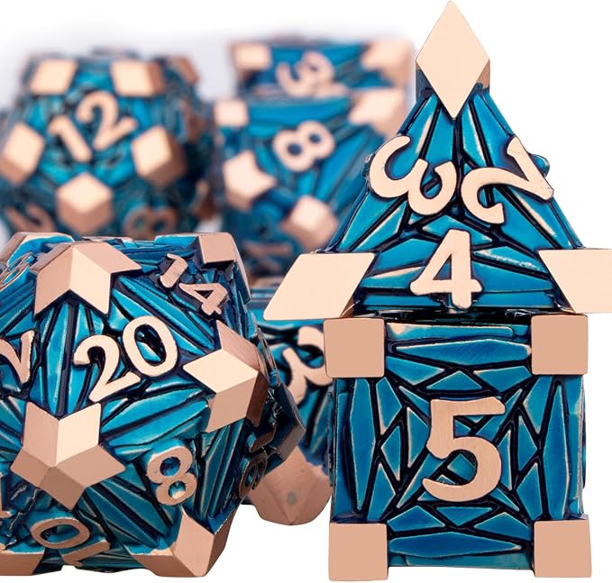 7PCS Metal DND Dice Set with Box, Debris RPG Copper Blue D and D Dice - Image 2