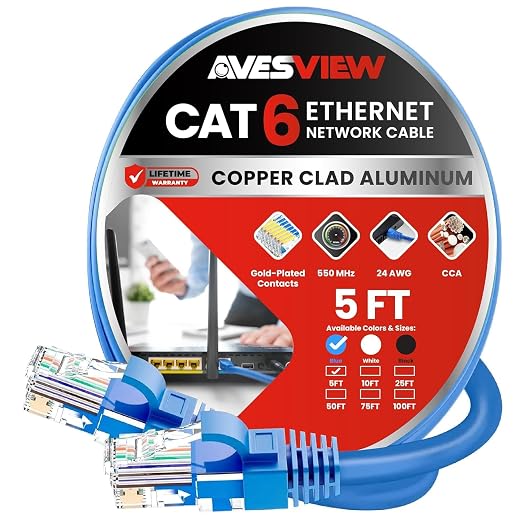 CAT 6 5FT Ethernet Cable, Indoor High-Speed 10Gbps Snagless CAT6 Ethernet Cable by AvesView
