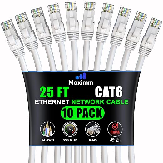 Maximm Cat 6 Ethernet Cable 25 ft 10 Pack by MaximmCable