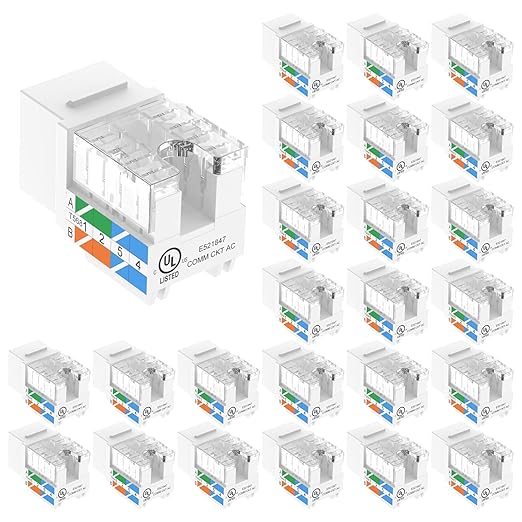 VCE UL Listed 10Gbps Cat6 Keystone Jack Insert 25-Pack, 90 Degree Punch Down by VCE