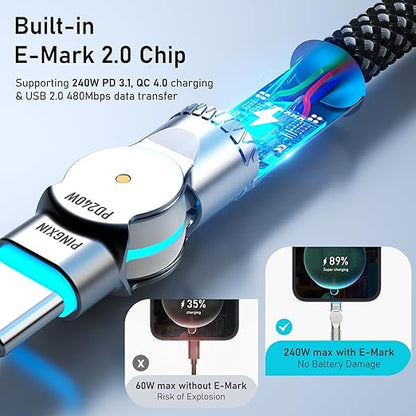 USB C to USB C Cable10ft, 240W 2-Pack Braided 180°Rotating Type C Charging - Image 5