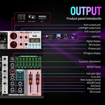 Professional Audio Mixer, 4 Channel Audio Interface Sound Board Mixing Console - Image 7