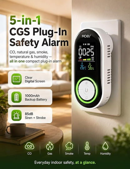 MOES 5in1 Plug-in S-moke G-as C-arbon M-onoxide D-etector Screen, methane - Image 2