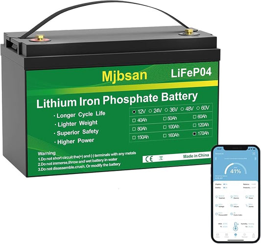 12V 170Ah LiFePO4 Battery, Built-in 150A BMS by Mjbsan