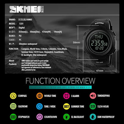 Gosasa Men’s Watch Sports Digital Compass Survival 50M Waterproof Stopwatch - Image 6