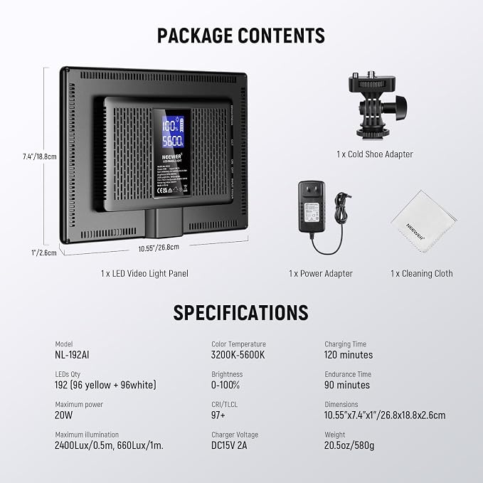 NEEWER 192 LED Video Light Panel, 20W Ultra Thin 8000mAh Bi Color Dimmable DSLR - Image 9