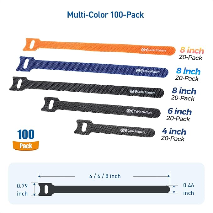Cable Matters 100-Pack Hook-and-Loop Reusable Cable Ties, Sizes 4", Cord - Image 2
