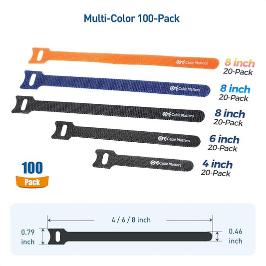 Cable Matters 100-Pack Hook-and-Loop Reusable Cable Ties, Sizes 4", Cord - Image 2