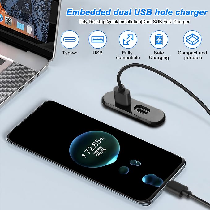 XMSJSIY USB USB C Desk Power Grommet Outlet 5V/2A USB/Type-C Embedded Charging - Image 5