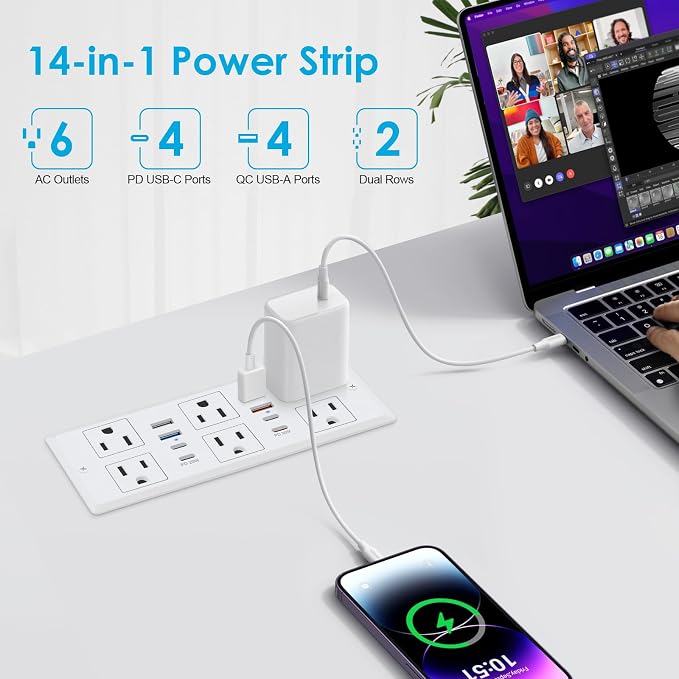 30W Recessed Power Strip USB C, Desk Flush Mount Outlet Plug in 6 AC & 8 USB - Image 3