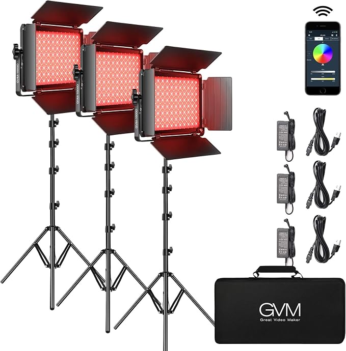 RGB Full Color LED Video Light, GVM 3 Pieces Photography Lighting Kit by GVMGreatVideoMaker