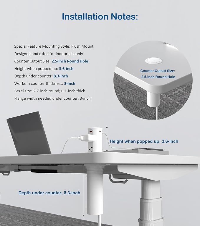 Pop up Outlet for Countertop, 65W USB C Fast Charging Port, 2.5-inch Hole - Image 7