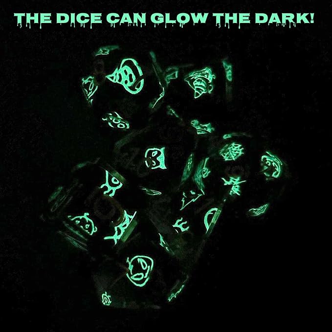 Haxtec Sticker Sharp Edge Dice Halloween Dice Resin DND Dice Set 7PCS Glow in - Image 3