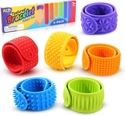 Sensory Fidget Toys for Kids: Textured Silicone Slap Bracelets 6 Pack, Stress by KLT