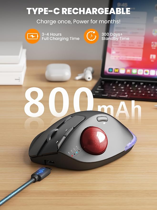Wireless Trackball Mouse, Ergonomic Bluetooth Rechargeable Computer Mouse - Image 6