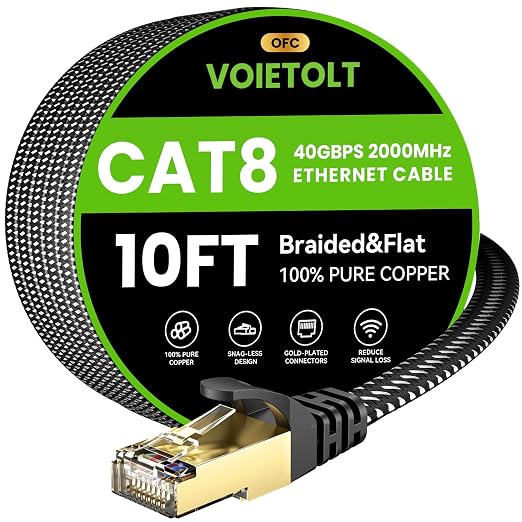 Cat 8 Ethernet Cable 10 FT Flat, High Speed 40Gbps 2000Mhz Braided Internet by EthernetCable