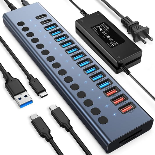 Powered USB Hub 10Gbps, 17 Ports 96W USB 3.2 Hub, 12V/8A Power Adapter by VANGREE