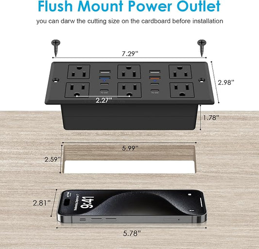 30W Recessed Power Strip USB C, Desk Flush Mount Outlet Plug in 6 AC & 8 USB - Image 2