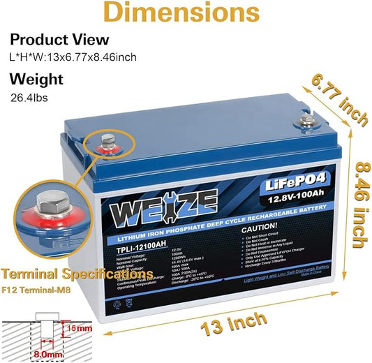 WEIZE 12V 100Ah LiFePO4 Battery Group 31 Lithium Battery, Built-in 100A BMS - Image 2