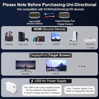 Active HDMI to DisplayPort Cable 10FT, 4K 60Hz 1080p 120Hz, Unidirectional HDMI - Image 6
