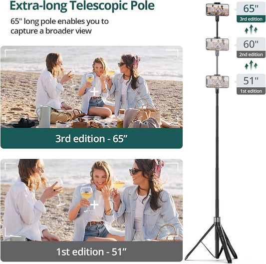 ATUMTEK 65" Selfie Stick Tripod, All in One Extendable Phone Tripod Stand - Image 2