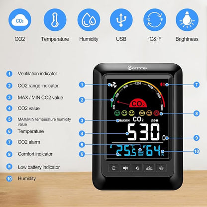 KETOTEK CO2 Monitor Indoor Air Quality Meter, Temperature, Humidity Display - Image 6