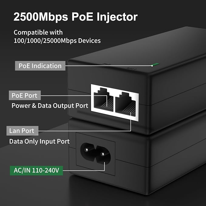 2.5Gb PoE+ Injector Adapter 30W 48~55V, IEEE 802.3at/af Compliant, Converts - Image 3