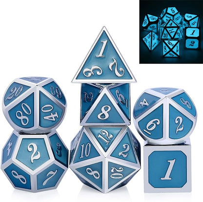 DnDnD Glowing DND Metal Dice Set, Luminous Blue Metal Dice by DNDND