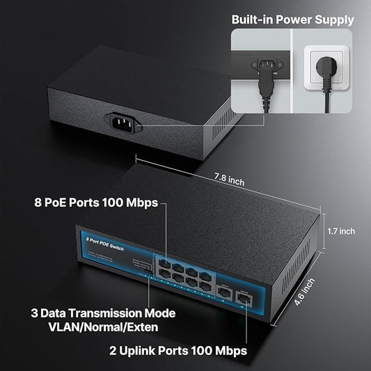 Real HD 10 Port PoE Switch, 8 Ports PoE+ 2 Uplink Unmanaged 100Mbps Switch - Image 2