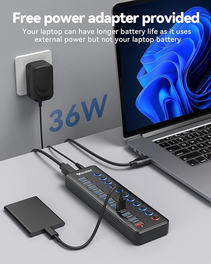 Powered USB Hub, Wenter 11-Port USB Splitter Hub - Image 5