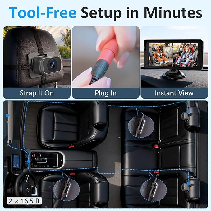 HD 1080P Baby Car Camera for 2 Kids: 5-Min Install for New Parents 6.9" Split - Image 5