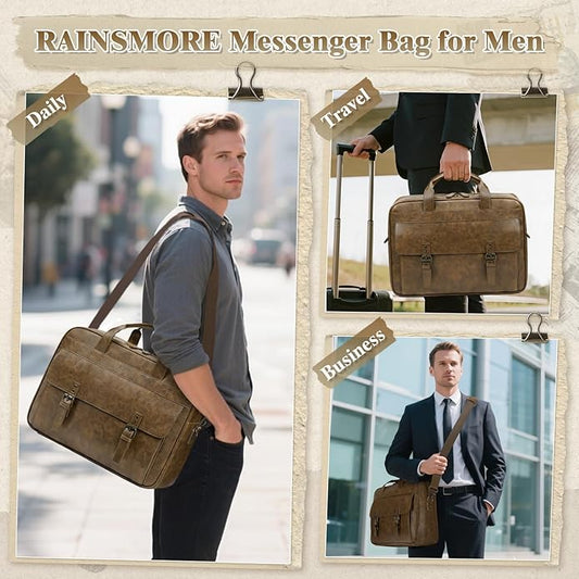 RAINSMORE Messenger Bag for Men 16 Inch Laptop Bag Vintage Leather Waterproof - Image 2