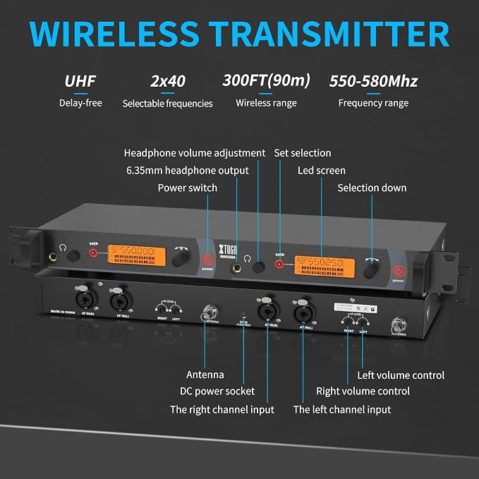 XTUGA RW2080 Wireless in Ear Monitor System 4 Bodypacks UHF IEM System - Image 4