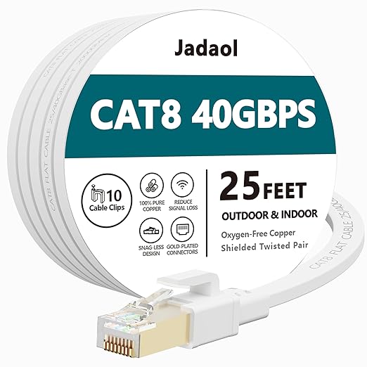 Jadaol Cat 8 Ethernet Cable 25 ft, 40Gbps 2000MHz Flat RJ45 S/FTP LAN Patch by Jadaol