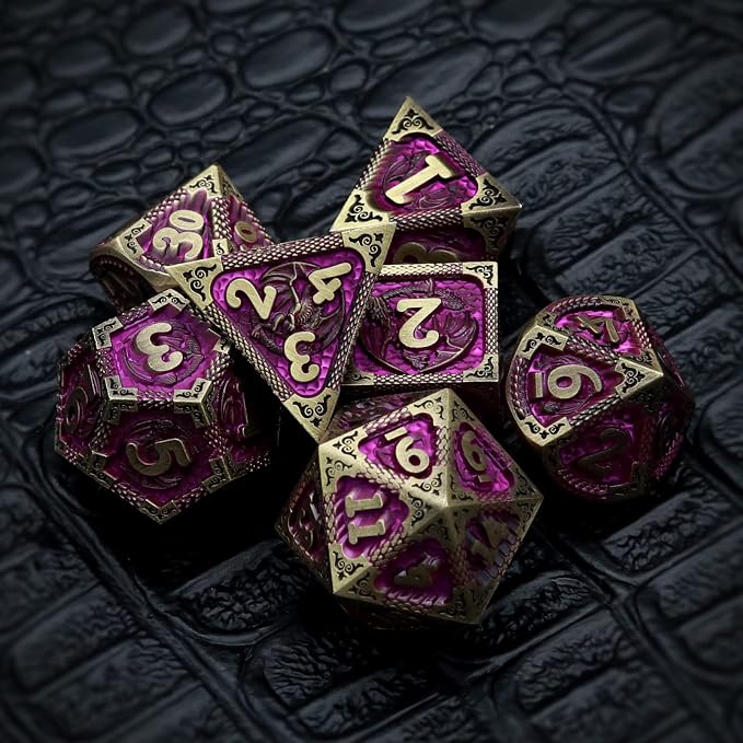 Haxtec Metal Dice Set Purple Black Dragon Pattern Metal DND Dice - Image 5