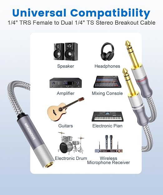 1/4" Splitter Cable 2 Feet/60CM, Microphone Splitter 1 Female to 2 Male TRS 1/4 - Image 4