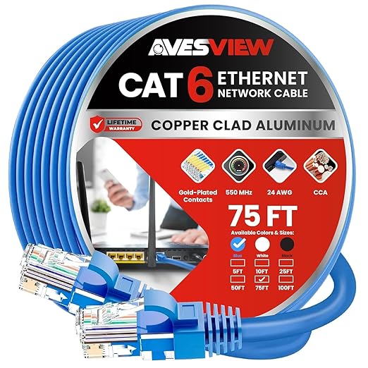 CAT 6 75ft Ethernet Cable Indoor High-Speed 10Gbps Snagless Long CAT6 Ethernet by AvesView