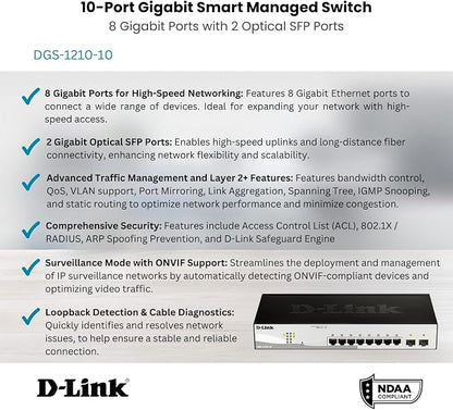 D-Link 10-Port Gigabit Smart Managed Switch | 8 GbE + 2 SFP Ports | L2+ | VLANs - Image 2