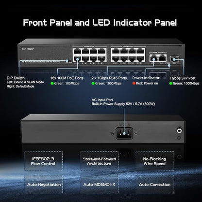 POE Switch 19 Port, 16 POE+ 100Mbps, 2 Gigabit Uplink, 1 SFP, IEEE802.3af/at - Image 5