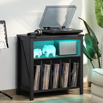 Large Record Player Stand with Charging Station & LED Lights, Vinyl Records - Image 6