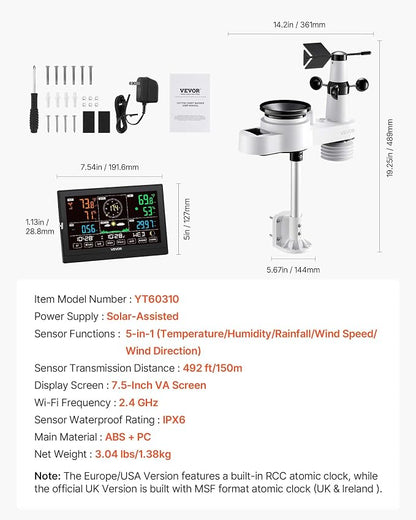 VEVOR 5-in-1 Wireless Weather Station, 7.5-Inch VA Display, Solar Powered - Image 6