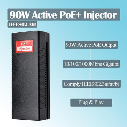 Revotech Gigabit 90W PoE++ Injector 54-56V Adapter, 10/100/1000Base-T IEEE - Image 2