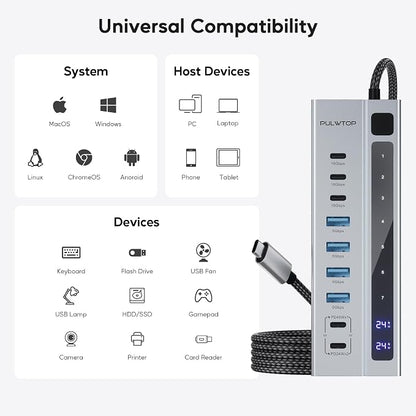 Powered USB C Hub, PULWTOP 9-in-1 USB-Hub suppprt 10Gbps & PD 45W Max Charging - Image 7