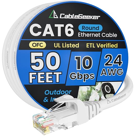 Cat 6 Ethernet Cable 50 ft, Indoor&Outdoor, High Speed 10Gbps 24AWG Pure Copper by CableGeeker