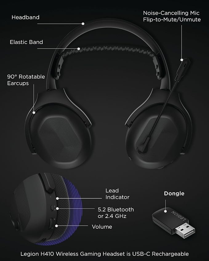 Lenovo Legion H410 Wireless Gaming Headset, Lightweight, Adjustable Headband - Image 8