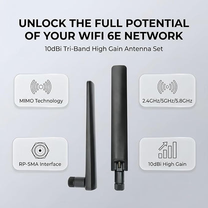 2X WiFi 6E Tri-Band Antenna 10dBi 2.4GHz/5GHz/5.8GHz High Gain MIMO RP-SMA Male - Image 2