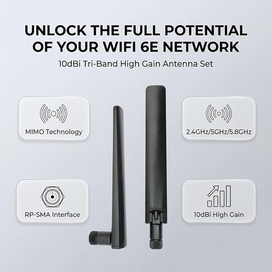 2X WiFi 6E Tri-Band Antenna 10dBi 2.4GHz/5GHz/5.8GHz High Gain MIMO RP-SMA Male - Image 2