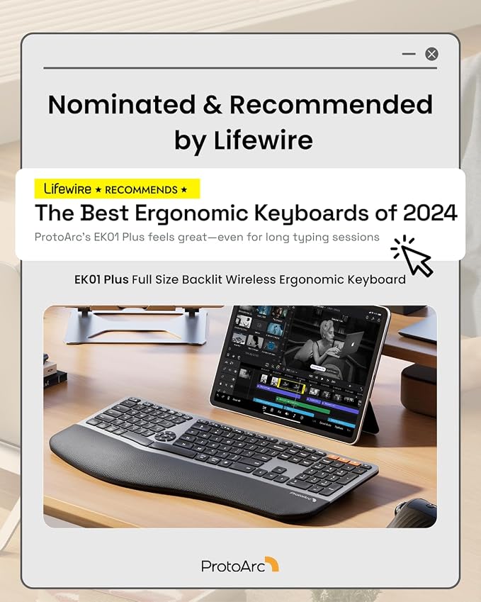 Backlit Bluetooth Ergonomic Keyboard, ProtoArc EK01 Plus Full Size Wireless - Image 6