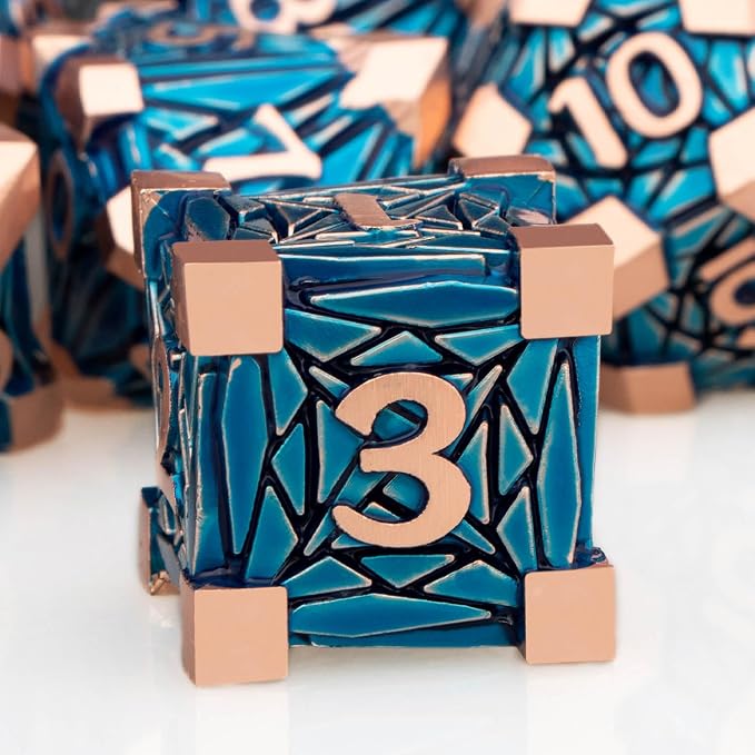 7PCS Metal DND Dice Set with Box, Debris RPG Copper Blue D and D Dice - Image 3